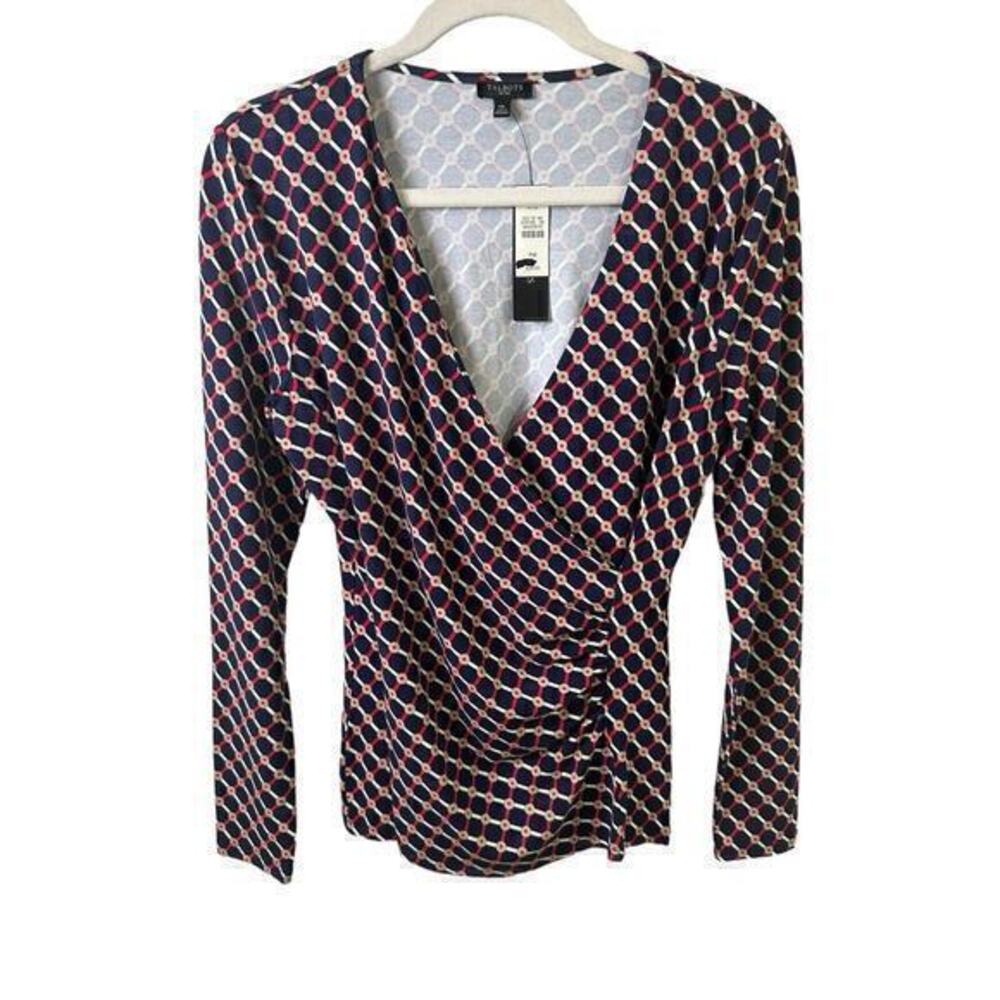 Talbots Shirt Womens Medium Petite Wrap Blouse Long Sleeve Stretch Office Preppy